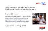 Take the pain out of Public Sector Budgeting Implementation Setups Richard Byrom Oracle Applications Consultant richard@richardbyrom.com .