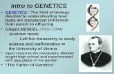 Intro to GENETICS GENETICS : The field of biology devoted to understanding how traits are transferred (inherited) from parent to offspring Gregor MENDEL.