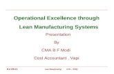 12/11/2015 Lean Manufacturing ICAI – WIRC Operational Excellence through Lean Manufacturing Systems Presentation By CMA B F Modi Cost Accountant, Vapi.