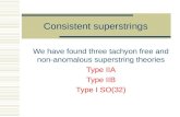 Consistent superstrings We have found three tachyon free and non-anomalous superstring theories Type IIA Type IIB Type I SO(32)