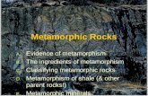 Metamorphic Rocks A.Evidence of metamorphism B.The ingredients of metamorphism C.Classifying metamorphic rocks D.Metamorphism of shale (& other parent.