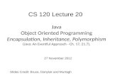 Java Object Oriented Programming Encapsulation, Inheritance, Polymorphism (Java: An Eventful Approach - Ch. 17, 21.7), Slides Credit: Bruce, Danyluk and.