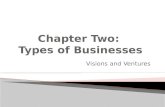 Visions and Ventures.  There are five main types of businesses:  Resource development  Manufacturing  Wholesale  Retail  Service.