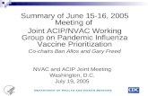 Summary of June 15-16, 2005 Meeting of Joint ACIP/NVAC Working Group on Pandemic Influenza Vaccine Prioritization Co-chairs Ban Allos and Gary Freed NVAC.