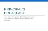 PRINCIPAL’S BREAKFAST How individual goals, checklists, and rubrics help students understand themselves as learners.
