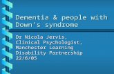 Dementia & people with Down’s syndrome Dr Nicola Jervis, Clinical Psychologist, Manchester Learning Disability Partnership 22/6/05.