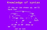 Knowledge of syntax If Jon or Leo shows up, we’ll have fun TP CPTP C TP NP T’ NP T’ N T VP if NP co NP show up we ’ll Jon or Leo have fun * Jon if or Leo.