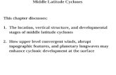 Middle Latitude Cyclones This chapter discusses: 1.The location, vertical structure, and developmental stages of middle latitude cyclones 2.How upper level.