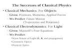 The Successes of Classical Physics Classical Mechanics: For Objects – Given: Positions, Momenta, Applied Forces – We Predict: Future Motion (Trajectories.
