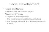 Social Development Nature and Nurture –Where does the division begin? Attachment Theory –Cupboard Theory (Freud) –The need for comfort (Bowlby & Harlow)