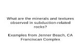 What are the minerals and textures observed in subduction-related rocks? Examples from Jenner Beach, CA Franciscan Complex.