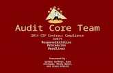 Audit Core Team Responsibilities Procedures Deadlines Presented by: Sandra Hoffman, Mike Chertude, Mindy Bates, and Steve Krovitz 2014 CSP Contract Compliance.