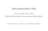 Documentation Tips Susan Sabu RN, BSN Clinical Document Improvement Specialist Critical Care, Trauma, Cardiology, PACU.