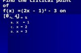 Find the critical point of f(x) =(2x - 1) 2 - 3 on [0,  ] A. x = ½ B. x = 1 C. x = 2 D. x = 3.