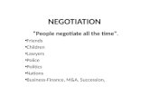 NEGOTIATION “People negotiate all the time”. Friends Children Lawyers Police Politics Nations Business-Finance, M&A, Succession,