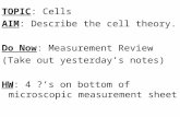 TOPIC: Cells AIM: Describe the cell theory. Do Now: Measurement Review (Take out yesterday’s notes) HW: 4 ?’s on bottom of microscopic measurement sheet.