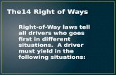 Right-of-Way laws tell all drivers who goes first in different situations. A driver must yield in the following situations: