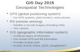 1 October 8, 2015 GIS Day 2015 Geospatial Technologies GPS (global positioning system) –Car GPS systems, yield monitors, smart phones RS (remote sensing)