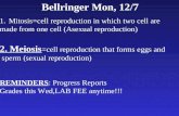 Bellringer Mon, 12/7 1.Mitosis=cell reproduction in which two cell are made from one cell (Asexual reproduction) 2. Meiosis =cell reproduction that forms.
