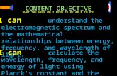 CONTENT OBJECTIVE understand the electromagnetic spectrum and the mathematical relationships between energy, frequency, and wavelength of light. WHAT.