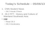 Today’s Schedule – 05/06/13 1. CNN Student News –29.2 Vocab Check 2. 29.2 PPT: History and Culture of Mainland Southeast Asia HW: –Read 29.3 –29.3 Vocabulary.