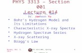 1 PHYS 3313 – Section 001 Lecture #14 Monday, Mar. 3, 2014 Dr. Jaehoon Yu Bohr’s Hydrogen Model and Its Limitations Characteristic X-ray Spectra Hydrogen.