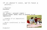 If it doesn’t rain, we’ll have a picnic. Meaning? Possible Form? If/ unless + present simple / Future tense/ modal verb in present or an imperative Example.