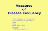 Measures of Disease Frequency Rates, Ratios, and Proportions Incidence versus Prevalence Risk Rate Risk versus Rate Mortality Risk/Rate Adjustment.