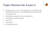 Topic Review for Exam 1 0.Infrastructure: You must be able to use MATLAB, Blackboard Exams, and Blackboard submissions 1. Computer 101 2. Developing algorithms.
