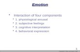 Copyright © Allyn and Bacon 2003 1Emotion Interaction of four components 1. physiological arousal 2. subjective feelings 3. cognitive interpretation 4.
