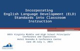 Incorporating English Language Development (ELD) Standards into Classroom Instruction 88th Virginia Middle and High School Principals’ Conference and Exposition.