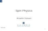 1 Spin Physics Anselm Vossen Sources:. 2 Outline Short Introduction to spin phenomena Spin structure of the nucleon –How to probe the nucleon –Existing.