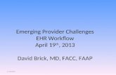 Emerging Provider Challenges EHR Workflow April 19 th, 2013 David Brick, MD, FACC, FAAP 4/19/2013.