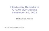 Introductory Remarks to APEX/TBM* Meeting November 3-5, 2003 Mohamed Abdou *ITER Test Blanket Module.