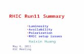 RHIC Run11 Summary May 6, 2011 RSC Meeting Haixin Huang Luminosity Availability Polarization RHIC setup issues.