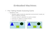 Embodied Machines The Talking Heads Guessing Game –Speakers role: Speaker agent randomly searches environment, locates an area of interest (context) Focuses.