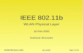 802.11b PHY 83180 Wireless LANs Page 1 of 23 IEEE 802.11b WLAN Physical Layer Svetozar Broussev 16-Feb-2005.