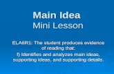 Main Idea Mini Lesson ELA6R1: The student produces evidence of reading that: f) Identifies and analyzes main ideas, supporting ideas, and supporting details.