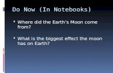 Do Now (In Notebooks)  Where did the Earth’s Moon come from?  What is the biggest effect the moon has on Earth?