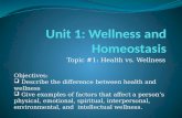 Topic #1: Health vs. Wellness Objectives:  Describe the difference between health and wellness  Give examples of factors that affect a person’s physical,