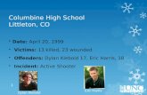 Columbine High School Littleton, CO  Date: April 20, 1999  Victims: 13 killed, 23 wounded  Offenders: Dylan Klebold 17, Eric Harris, 18  Incident:
