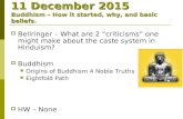 11 December 2015 Buddhism – How it started, why, and basic beliefs.  Bellringer – What are 2 “criticisms” one might make about the caste system in Hinduism?
