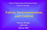 Valves, Instrumentation, and Control Process Design CEN 574 Spring 2004 Chemical Engineering and Materials Science Syracuse University.