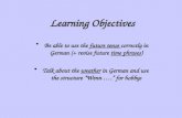 Learning Objectives Be able to use the future tense correctly in German (+ revise future time phrases) Talk about the weather in German and use the structure.