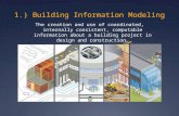1.) Building Information Modeling The creation and use of coordinated, internally consistent, computable information about a building project in design.