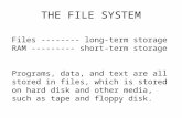 THE FILE SYSTEM Files -------- long-term storage RAM --------- short-term storage Programs, data, and text are all stored in files, which is stored on.