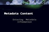 Metadata Content Entering Metadata Information. Discovery vs. Access vs. Understanding Cannot search on content if it is not documented. Cannot access.