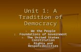 Unit 1: A Tradition of Democracy 1. We the People 2. Foundations of Government 3. The United States Constitution 4. Rights and Responsibilities.