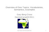 Geo-Topics GeoVoCampDC20111 Overview of Geo Topics, Vocabularies, Semantics, Examples Gary Berg-Cross GeoVoCampDC2011.