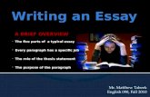 The five parts of a typical essay  The role of the thesis statement  The purpose of the paragraph  Every paragraph has a specific job Mr. Matthew.